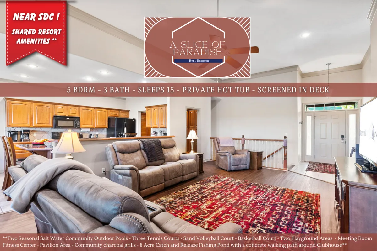 The image captures a generous open-concept living area with a large sectional sofa, a cozy rug in warm hues, and a visible kitchen area featuring wooden cabinets. The space exudes a communal atmosphere, ideal for gatherings, meals, and shared activities. The layout encourages conversation and togetherness, with seamless transitions between the living and kitchen areas.